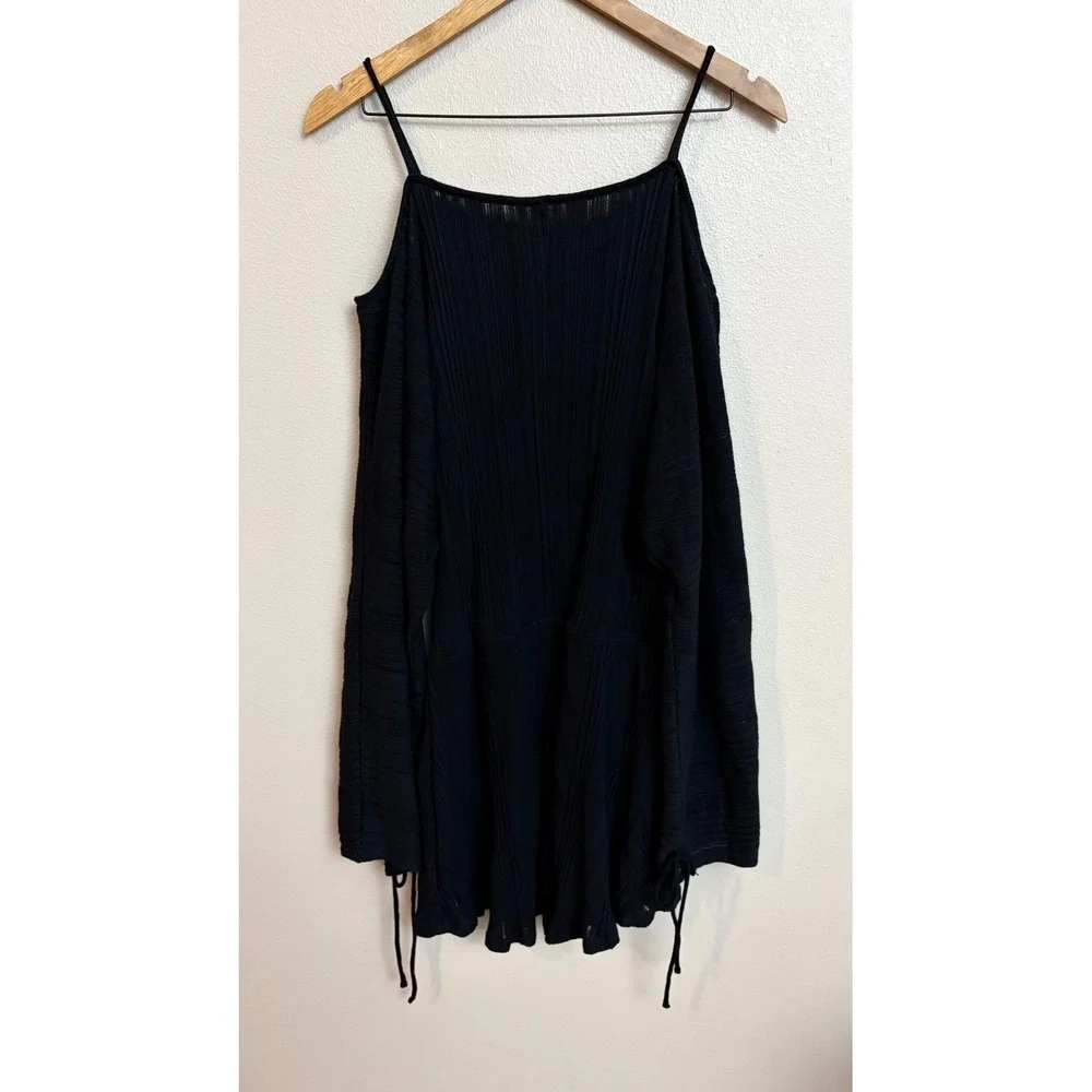 Free People Beach Cold Shoulder Mini Dress S/P Black Ribbed Knit Tie Sleeve Boho